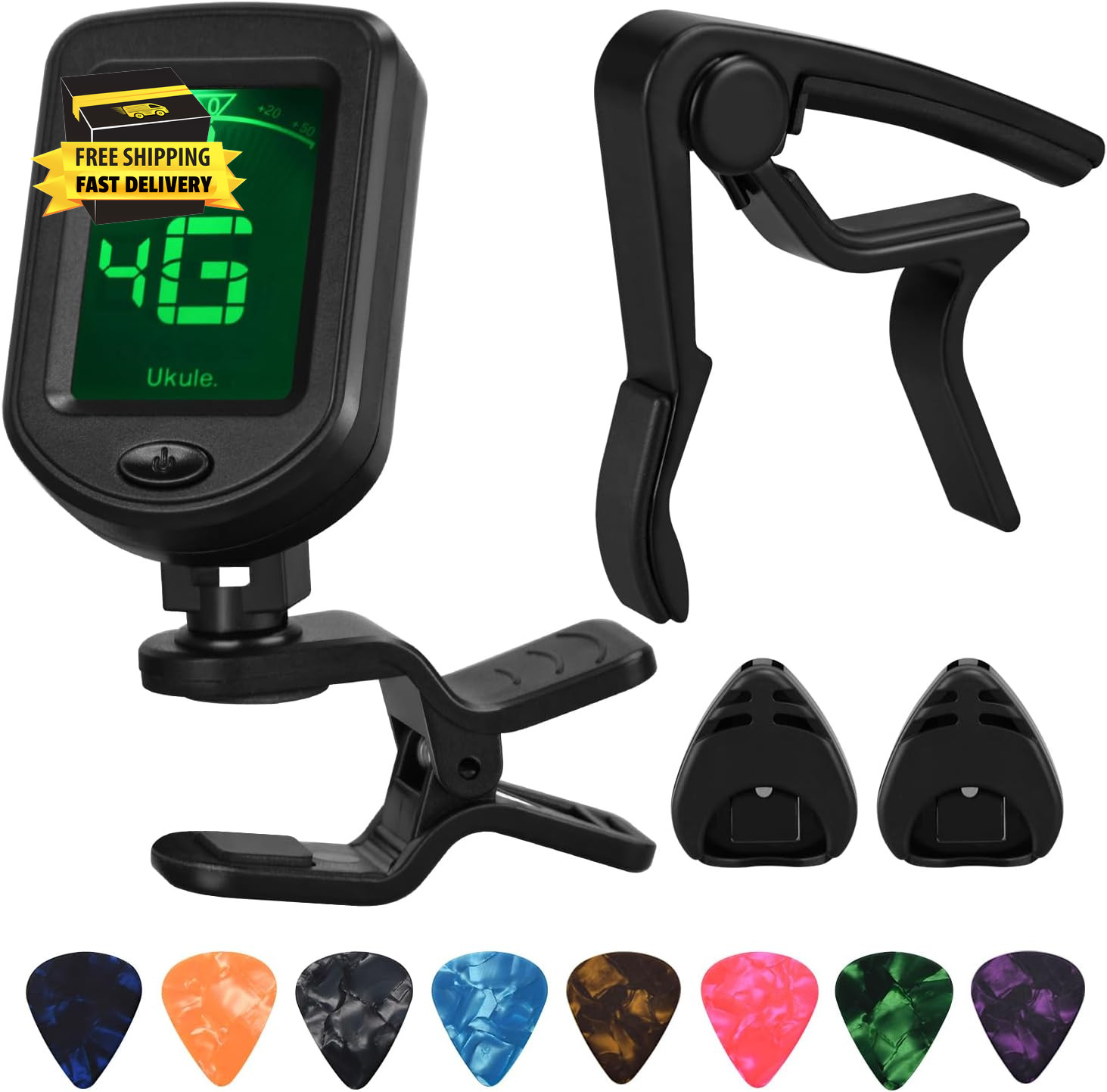 Guitar Capo Tuner Set, Including Capo, Tuner, Picks and Pick Holder, for Guitar