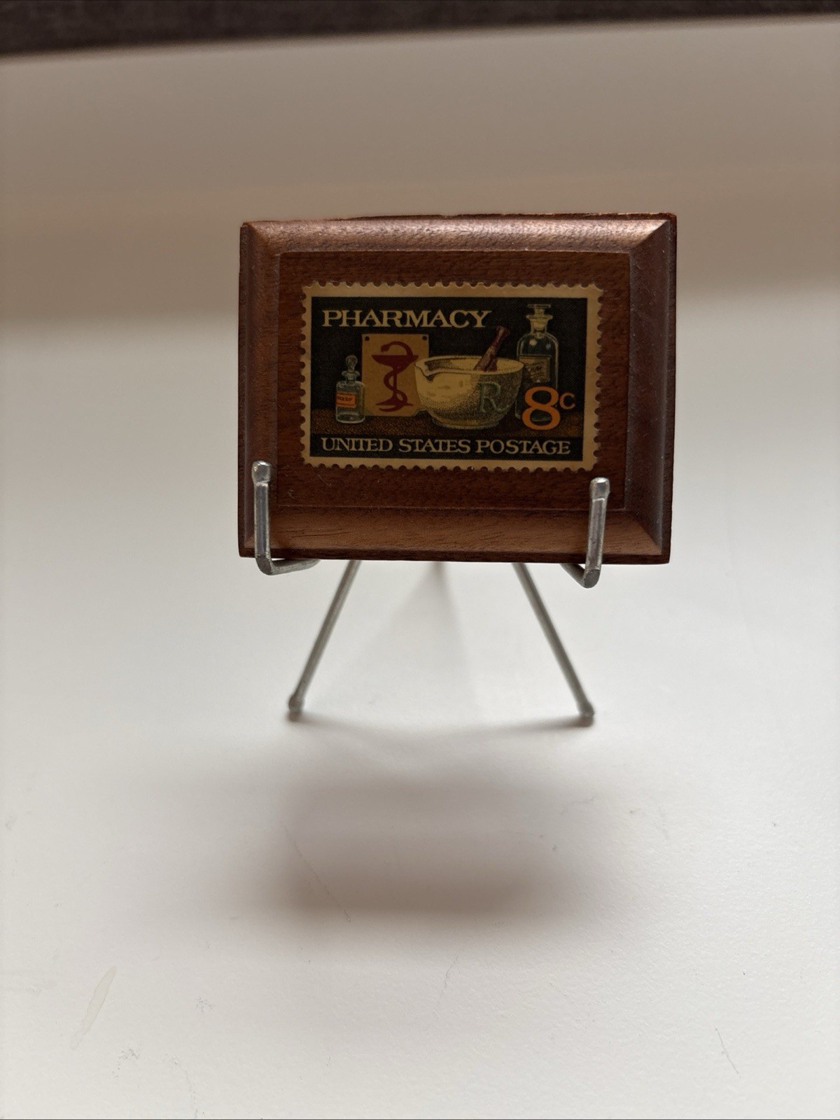 Handmade Framed 8 Cent U.S. Postage Stamp Pharmacy 1972 on miniature easel