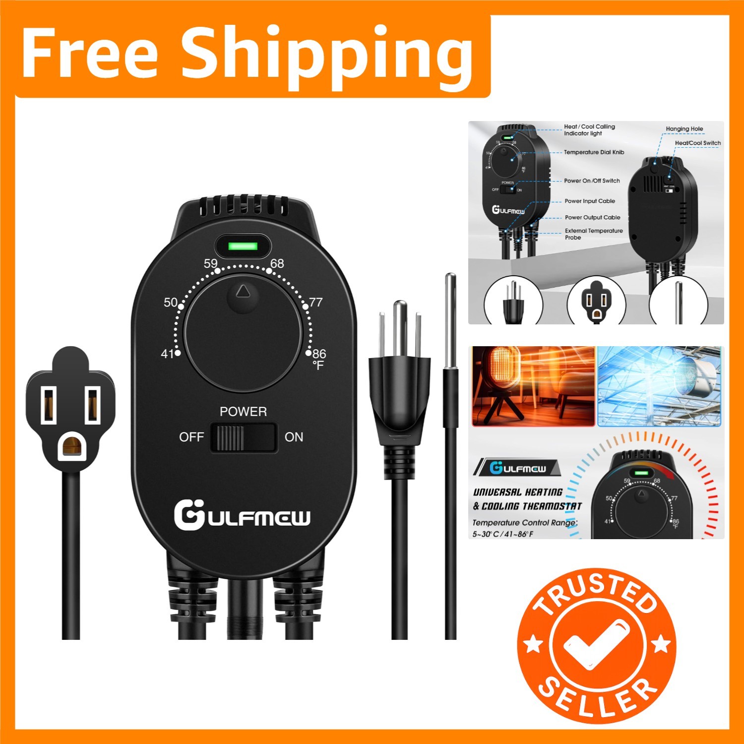 4.9FT Plug-In Thermostat with Temperature Probe - Safe Heating & Cooling Control