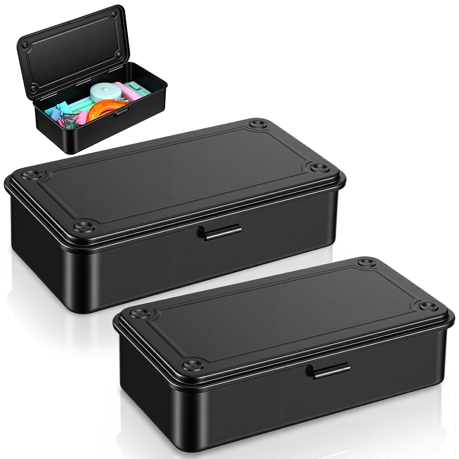 2 Pack Steel Storage with Hinged Lid, Small Metal Pencil Case for Organizing ...