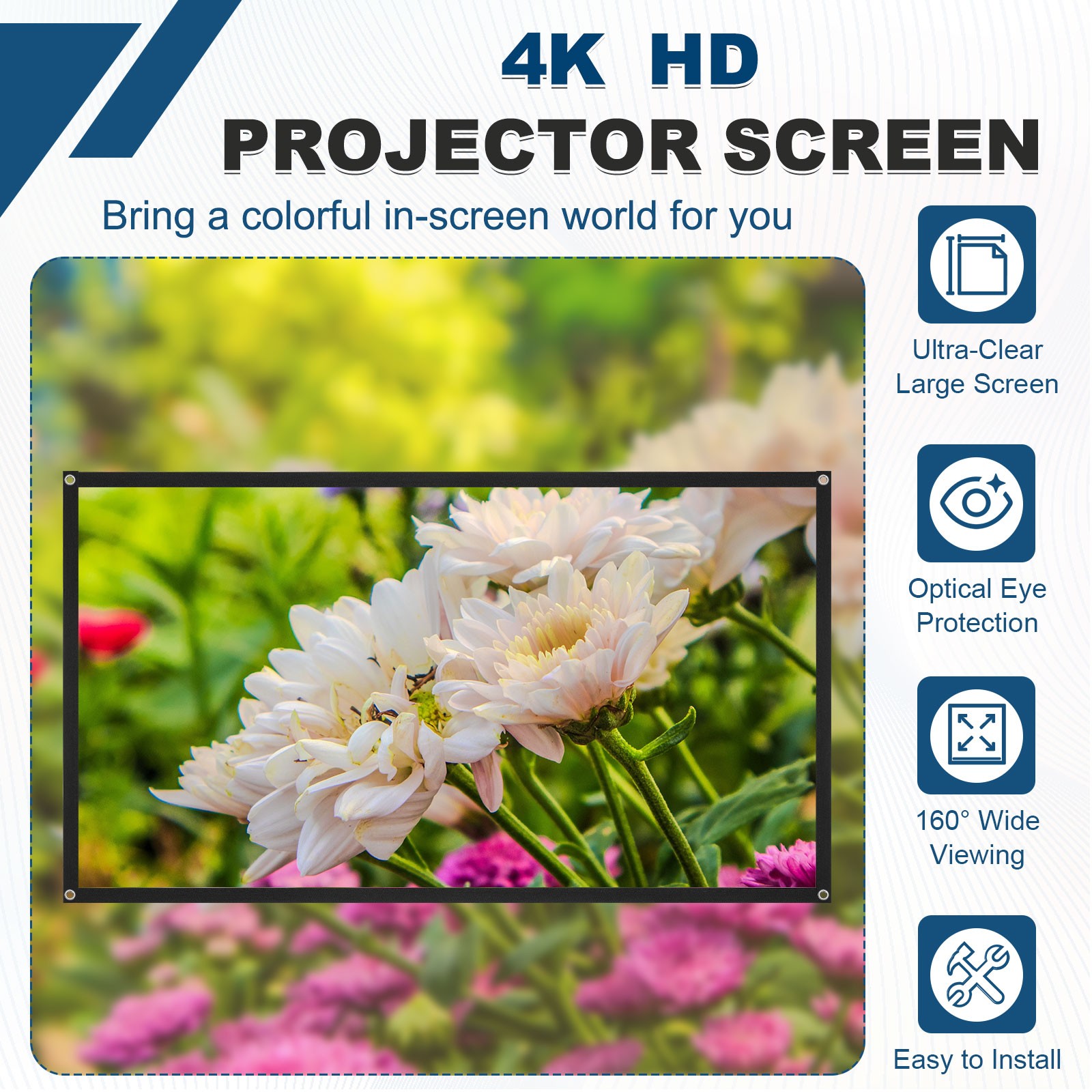 72in Portable Projector Screen, 4K HD 16:9, Hook Style Ambient Light