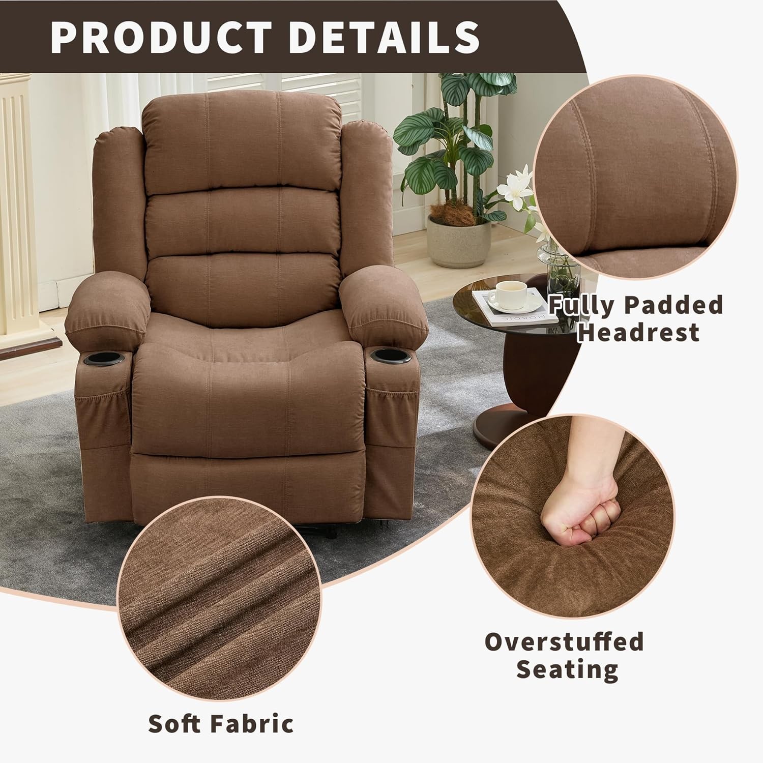 Recliner with Cup Holders & Storage Pockets, Brown Chair Ideal for Home Theater
