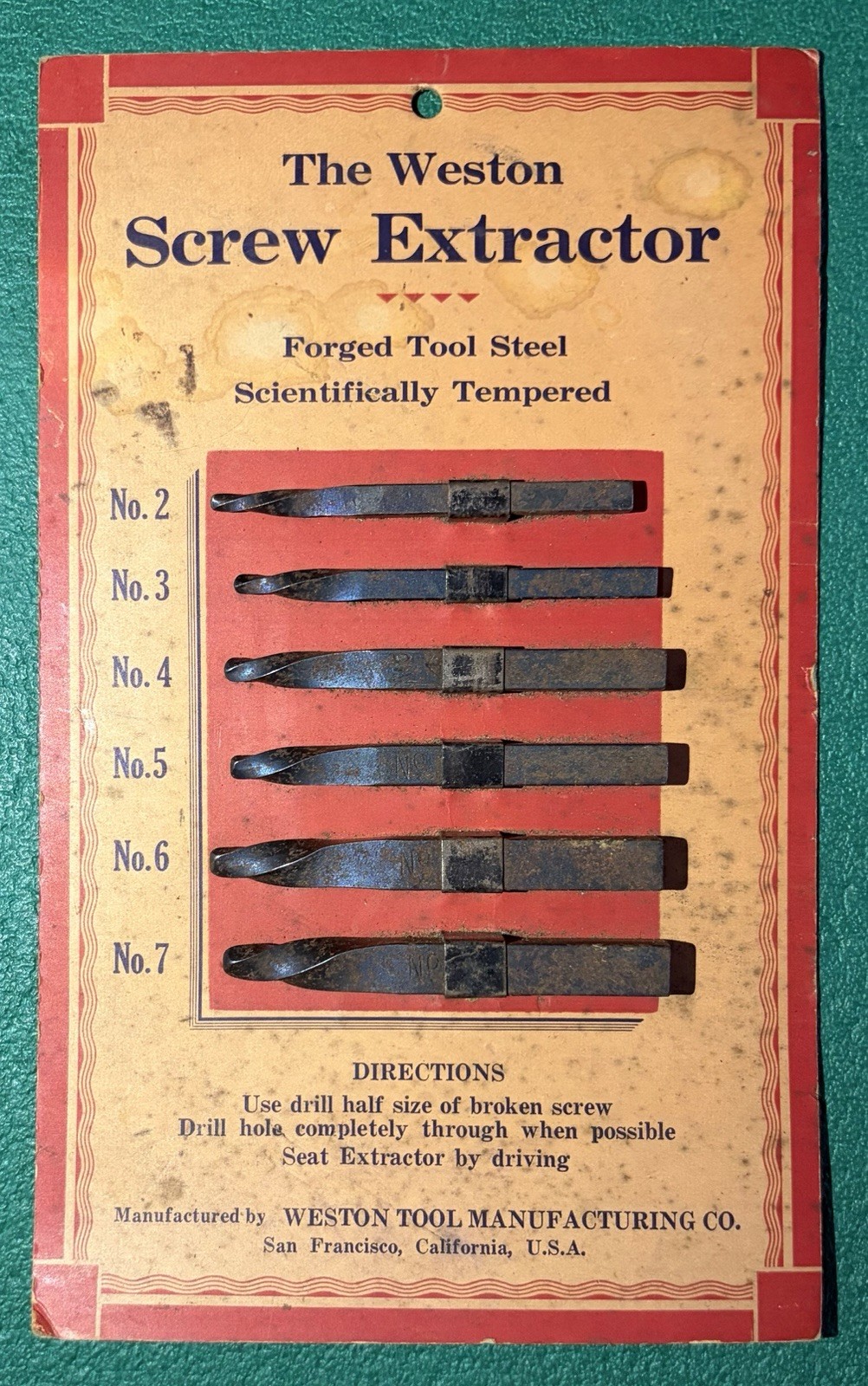 Vtg Weston Screw Extractor Set Forged Tool Steel, Tempered, SF California USA