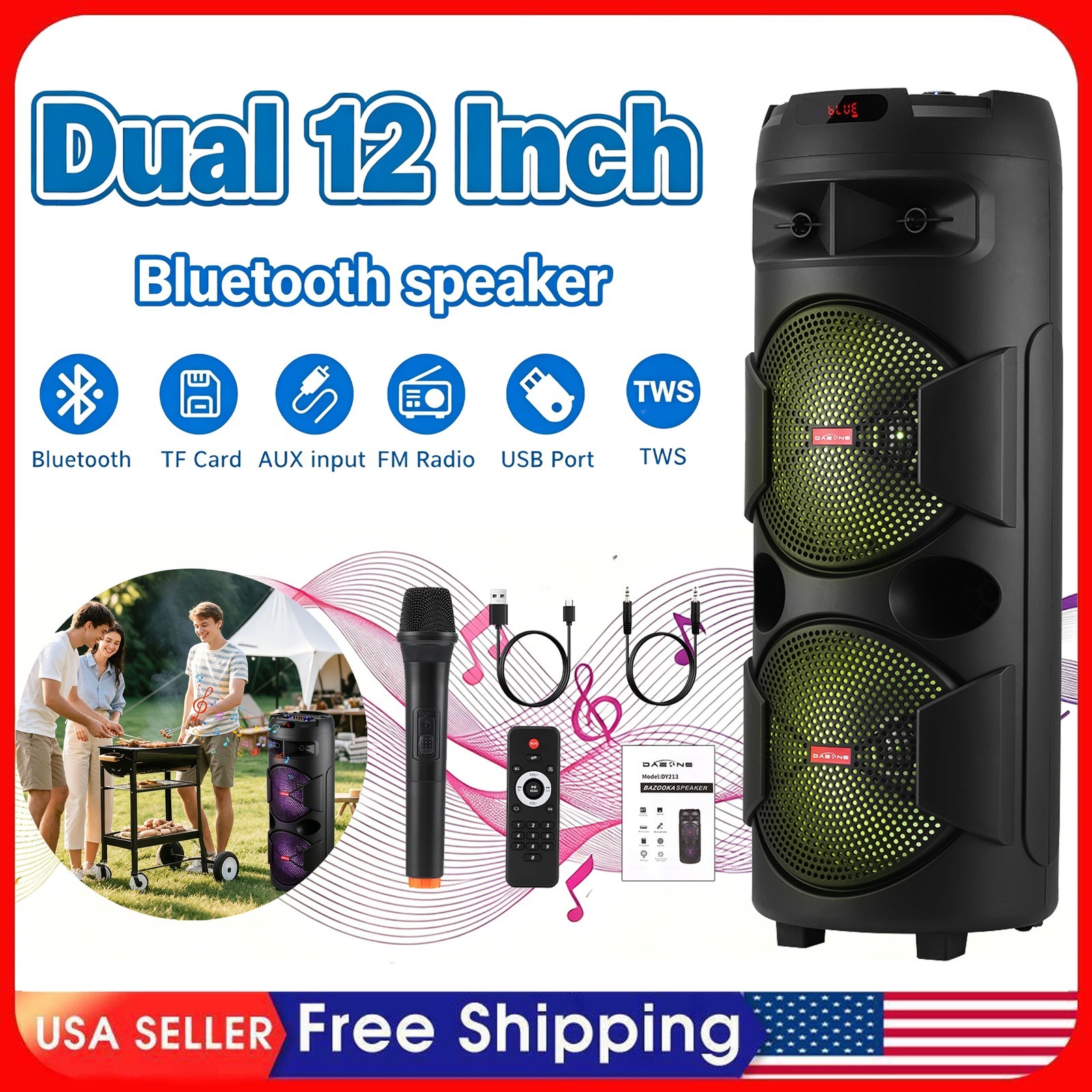 Dual 12 In Portable Bluetooth Speaker，Heavy Bass Subwoofer Karaoke System w/ Mic