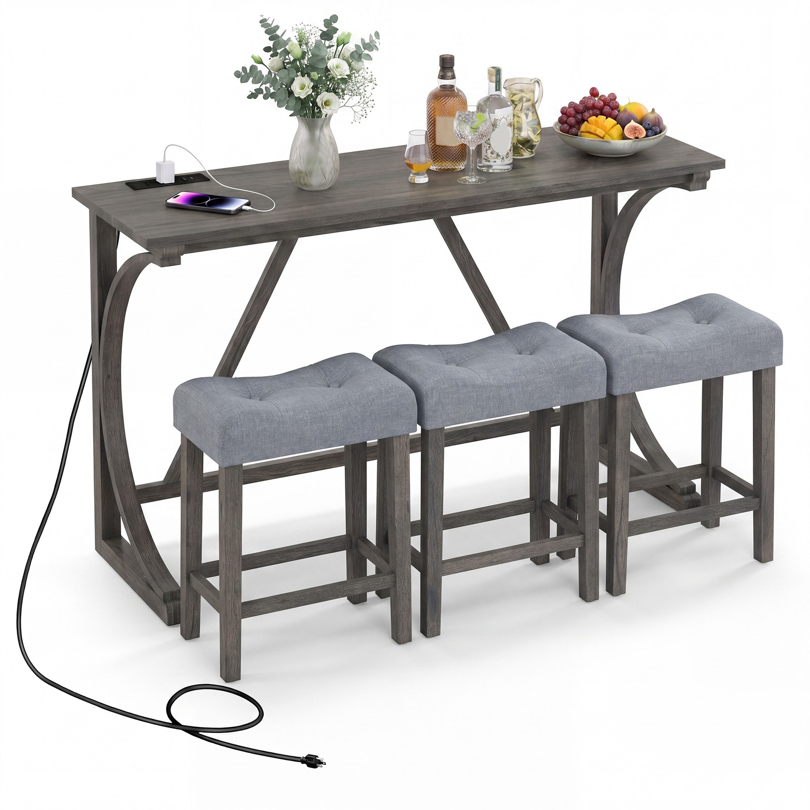 4-Piece Farmhouse Bar Table Set w/Power Outlet, 3 Upholstered Stools for Kitchen