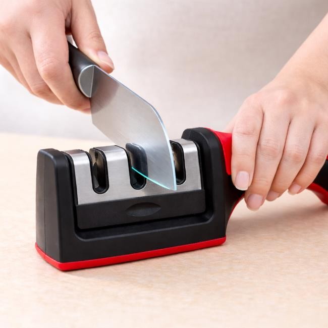 Manual Knife Sharpener 3 Stage Kitchen Tool Red Black Professional Kitchen