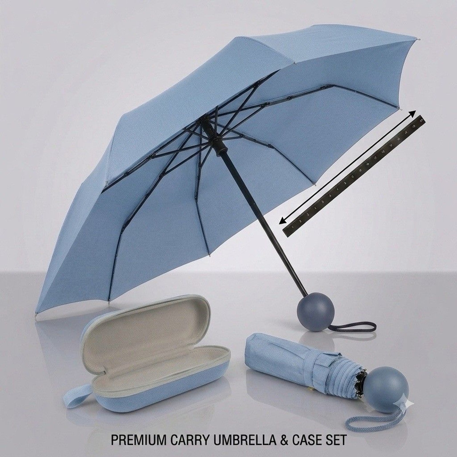 Premium Compact Light Blue Travel Umbrella 30" Canopy Weatherproof Hard Case Set