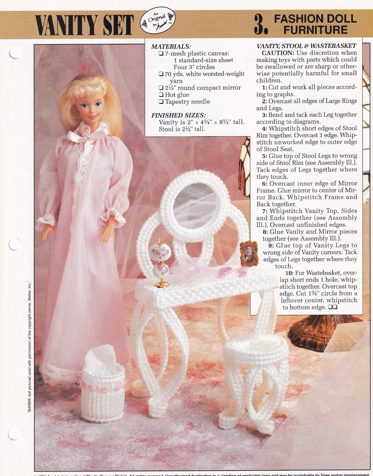 Fashion Doll Bedroom Set Bed Table Plastic Canvas PATTERN Annie's Club