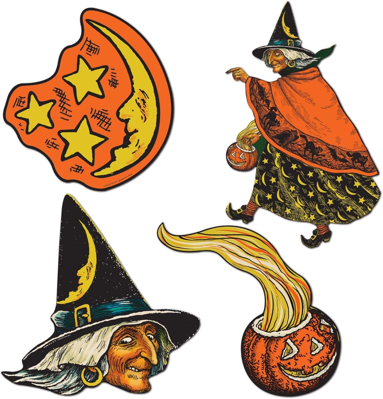 Vintage Halloween Cutouts, 4 Count, Retro-Inspired Witches and Moons, Classic Wa