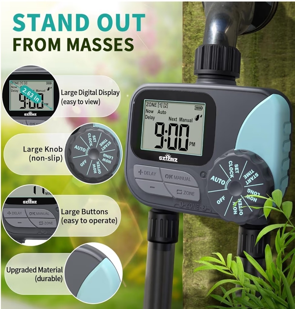 Water Timer for Garden Hose Programmable, 2 Zone Sprinkler Timer with Rain Delay