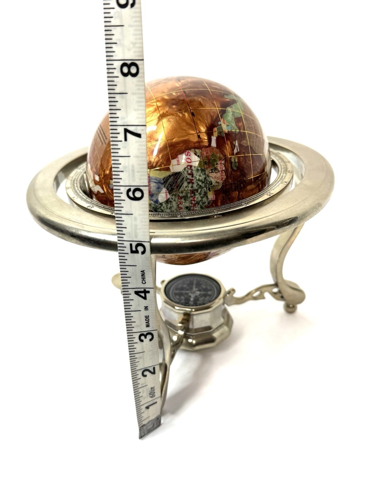 Vtg Kalifano Rotating Copper Amber Opalite Gemstone Globe Silver Stand