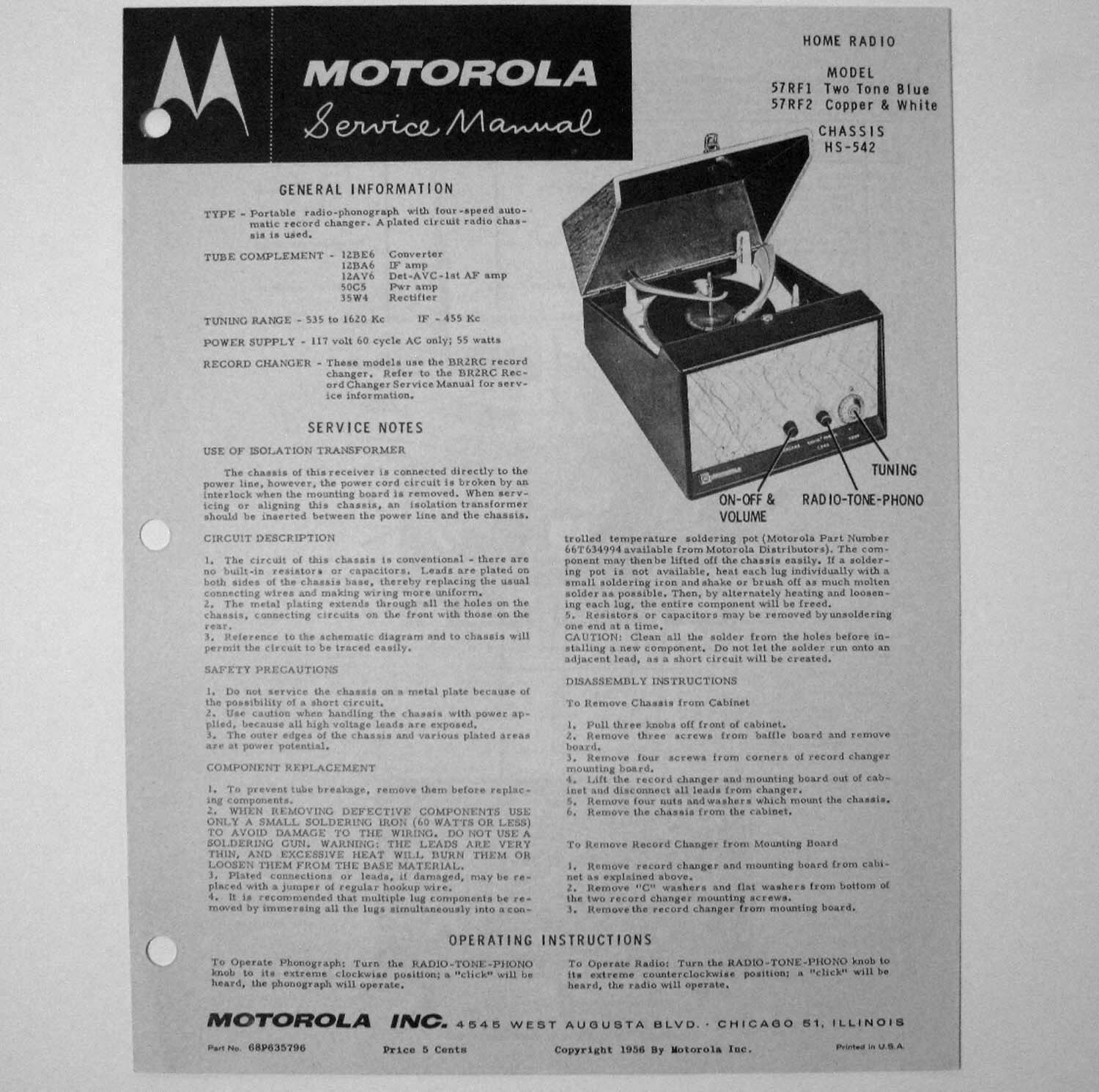 Motorola ® Models 57RF1 57RF2 Portable Record Player Service Manual © 1956