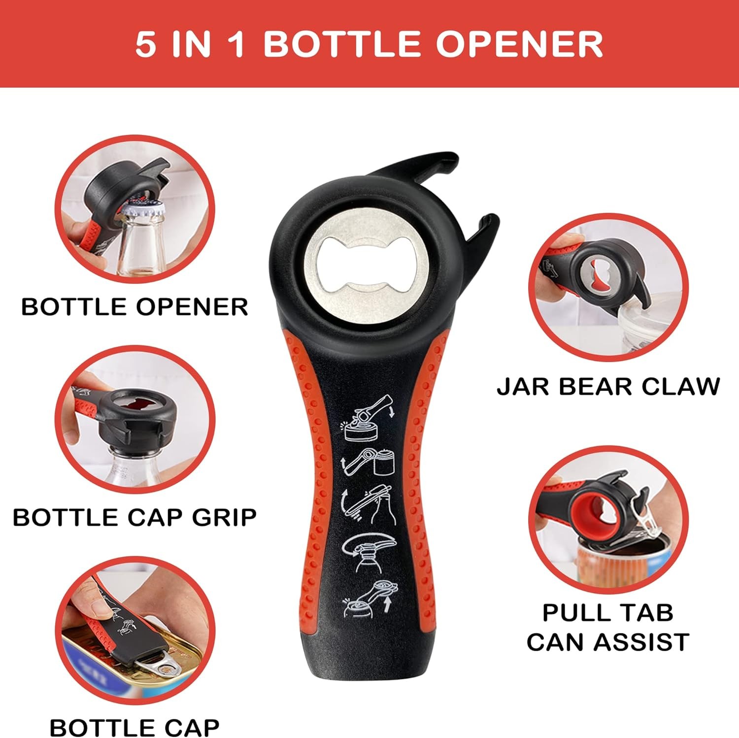 Jar Opener for Weak Hands, Seniors with Arthritis, 5 in 1 Multi Function Bottle