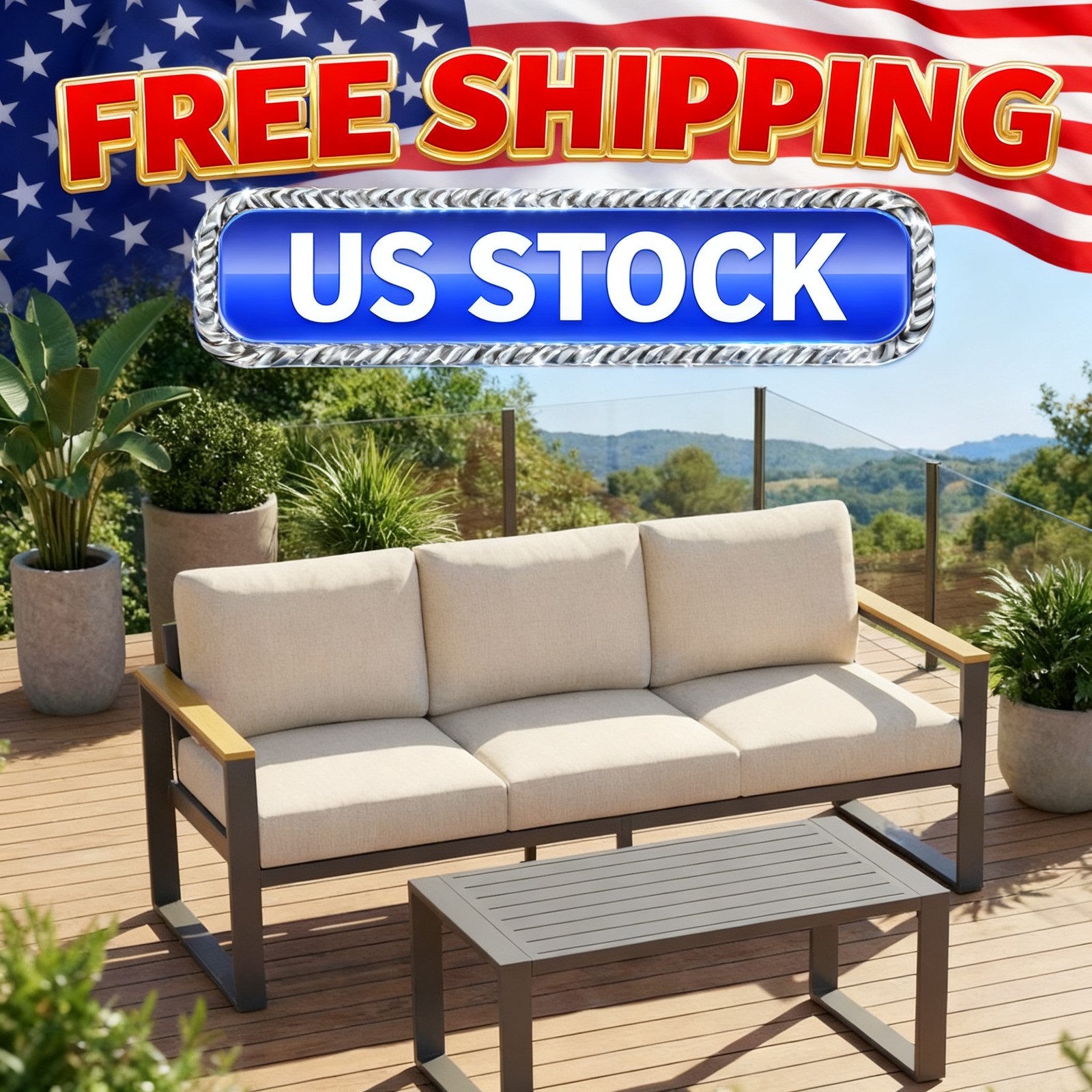1 Pcs 3-Seat Aluminum Sofa and Coffee Table, Aluminum Patio Patio Conversation