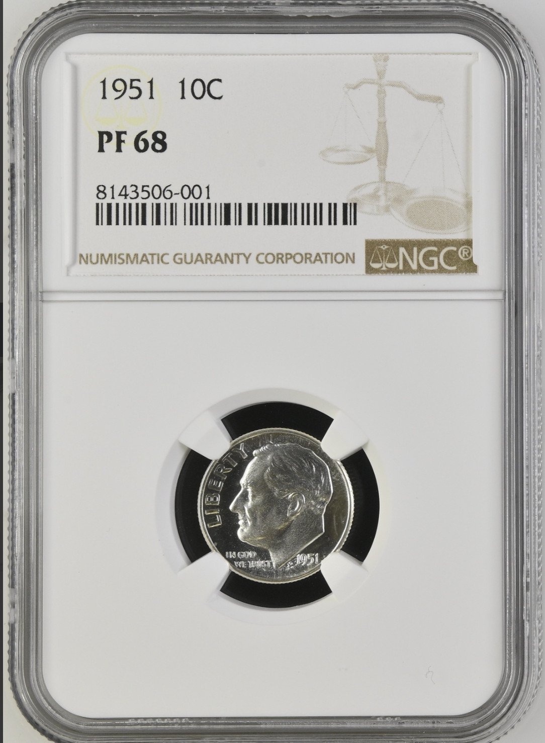 1951 Proof Roosevelt 10¢ NGC PF 68
