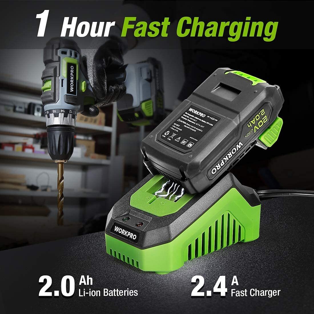 20V 3/8" Cordless Drill/Driver Kit 18+2 Torque Variable Speed 2A Battery Charger