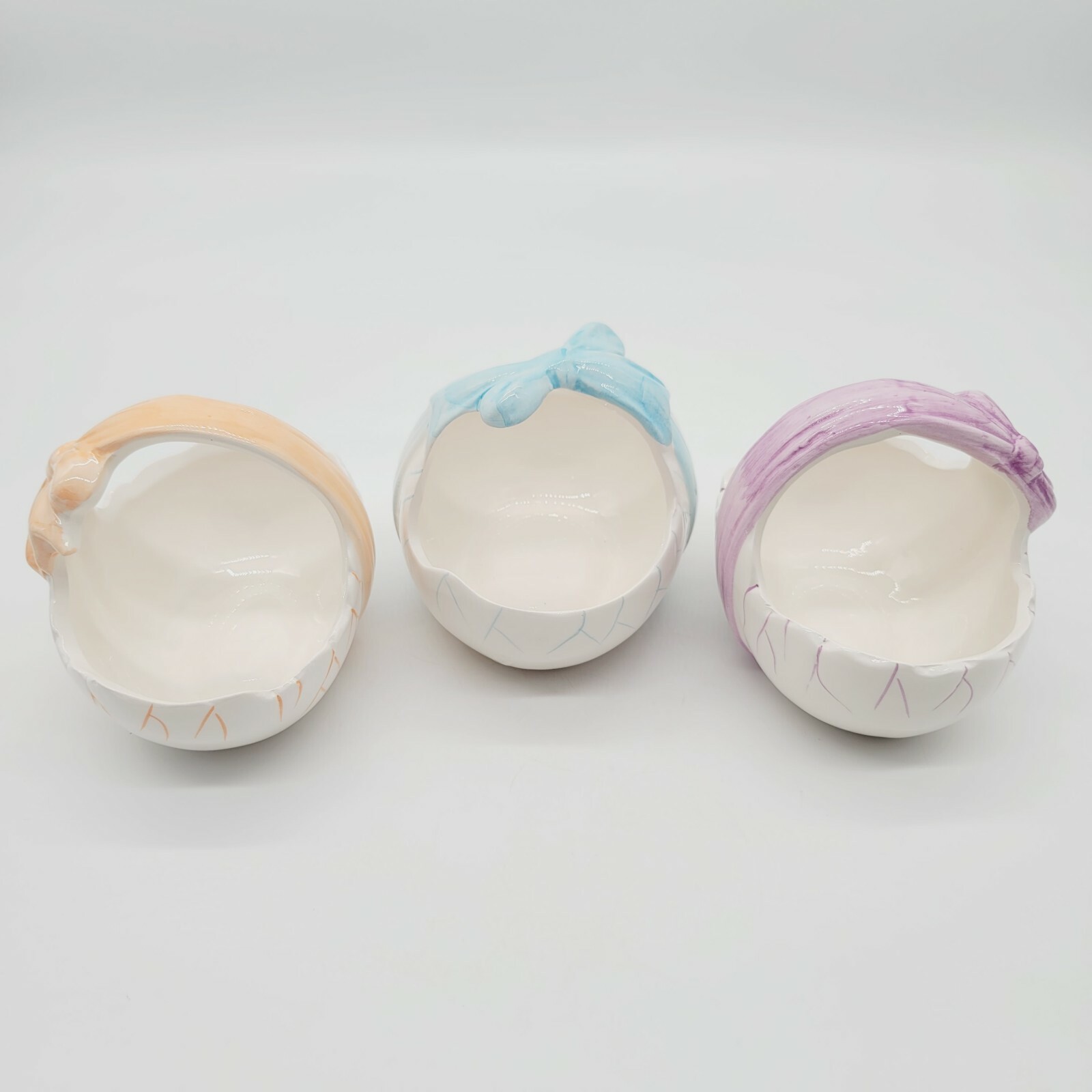 Three Ceramic Easter Egg Baskets Purple Blue Orange Ribbons K's Collection