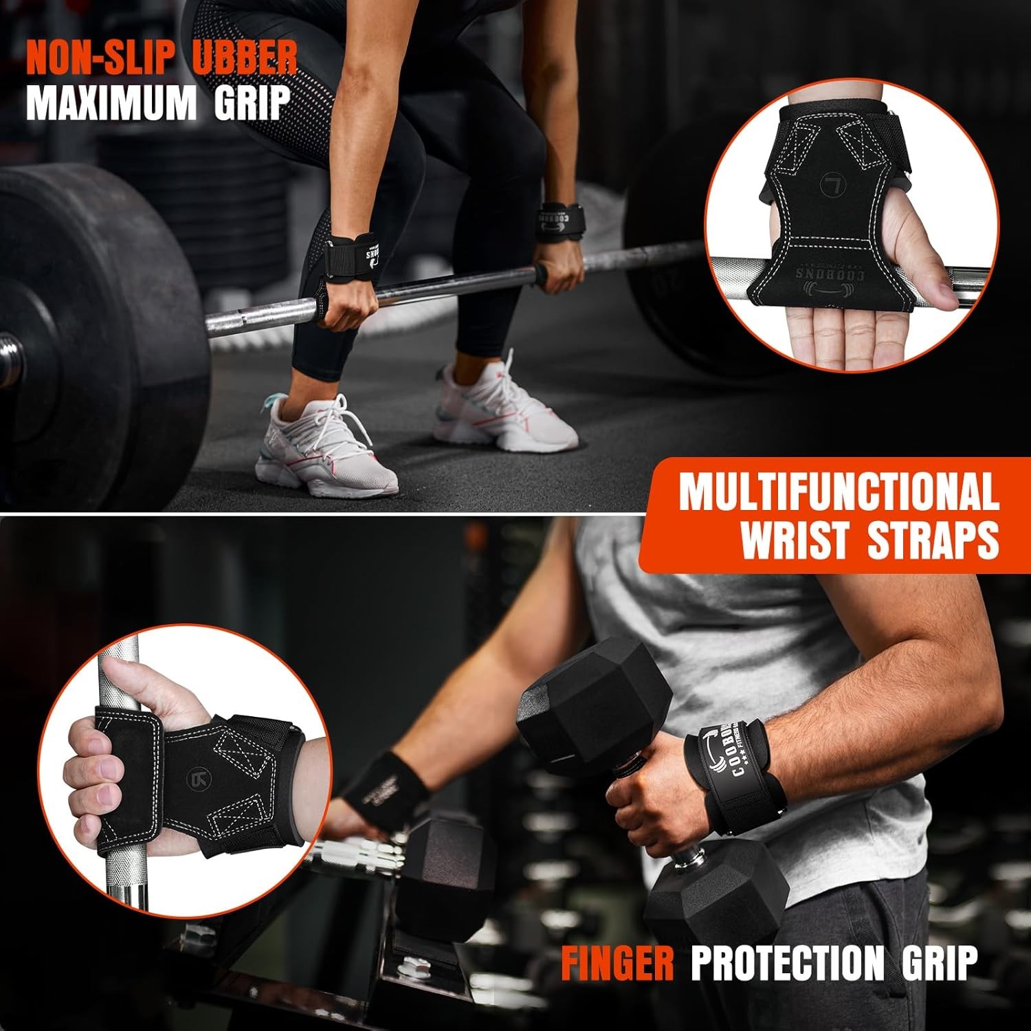 Lifting Wrist Straps for Weightlifting, Double Layer Leather Weight Black