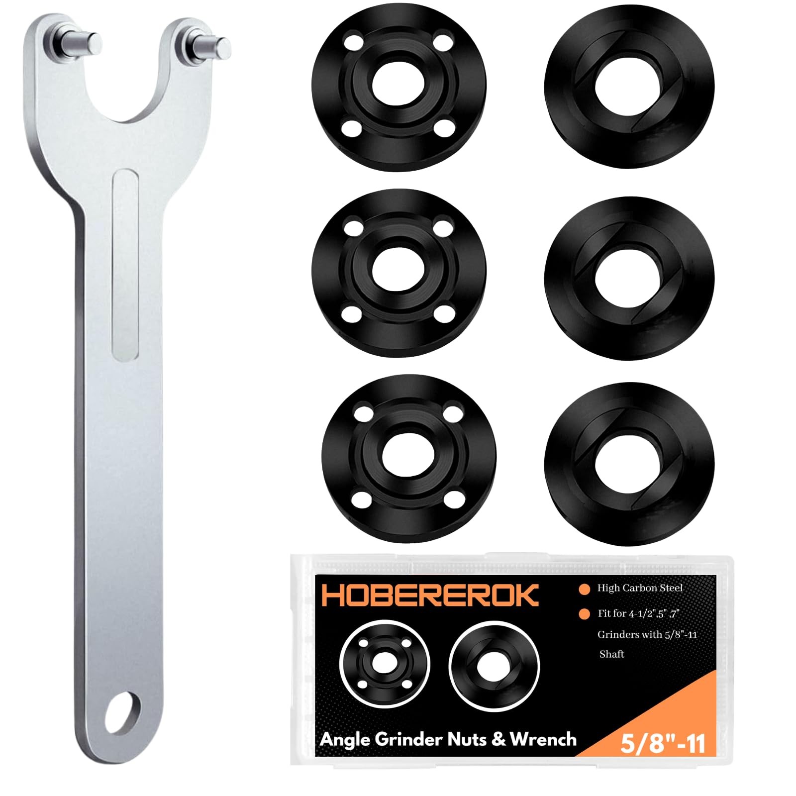HOBEREROK 7PCS Angle Grinder Nut & Wrench Kit – 5/8-11 Thread Silver