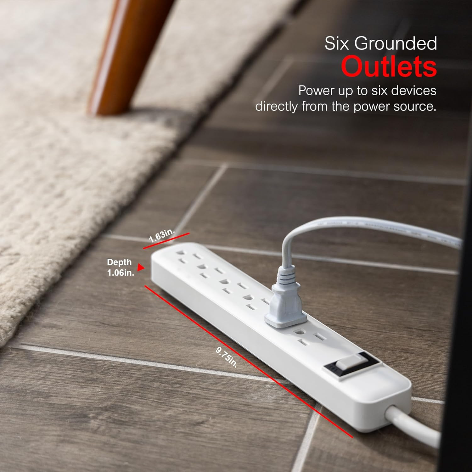 GE 6-Outlet Power Strip, 2 Pack, 1.5 Ft Extension Cord, Heavy Duty Plug, Grounde