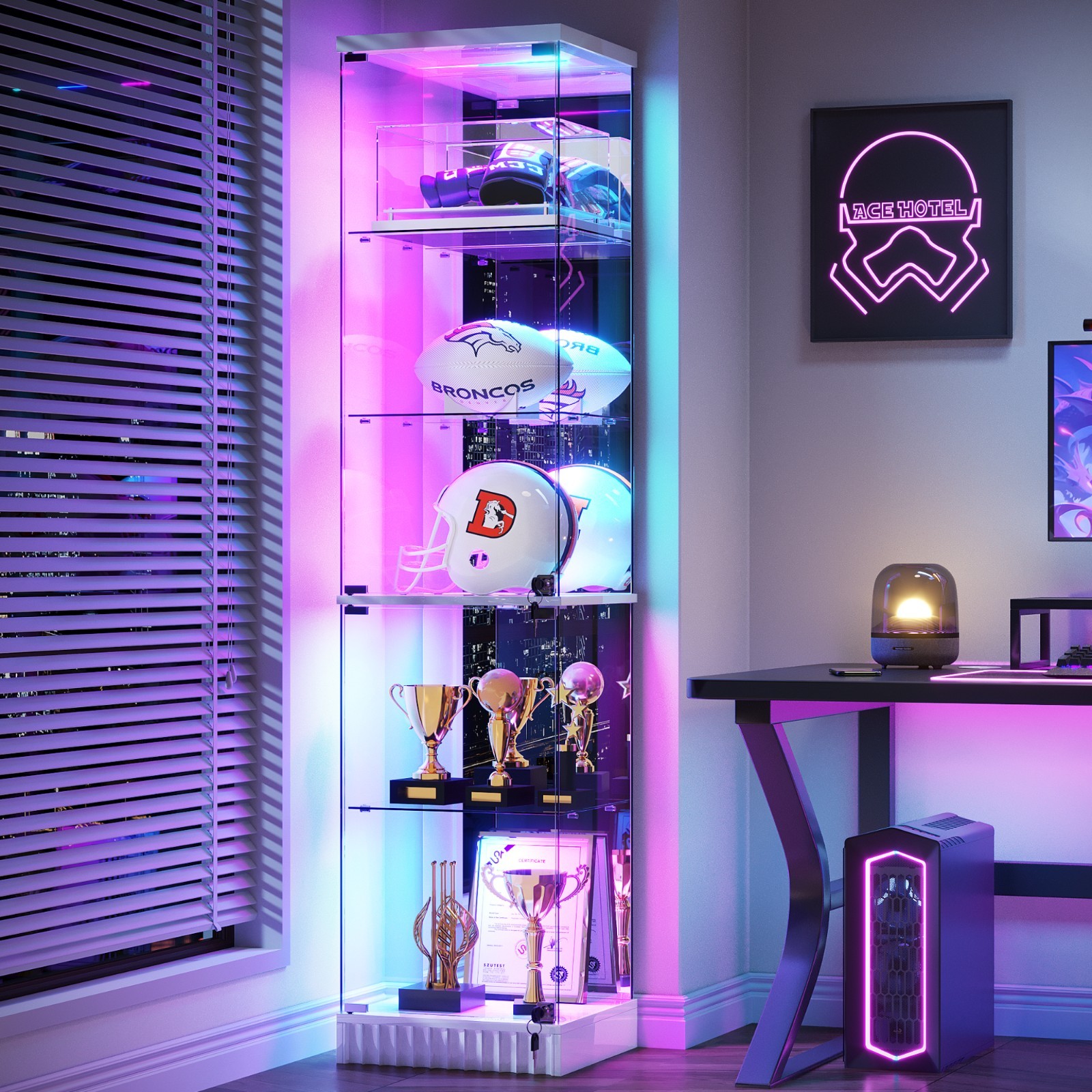 Corner Display Cabinet with Glass Doors, 5-Tier Curio Cabinets with RGB Lights
