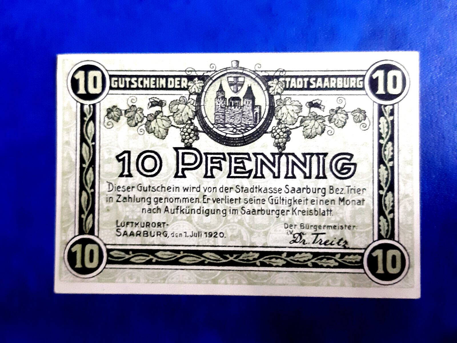 SAARBURG NOTGELD 10 PFENNIG 1920 EMERGENCY MONEY GERMANY BANKNOTE (26186)