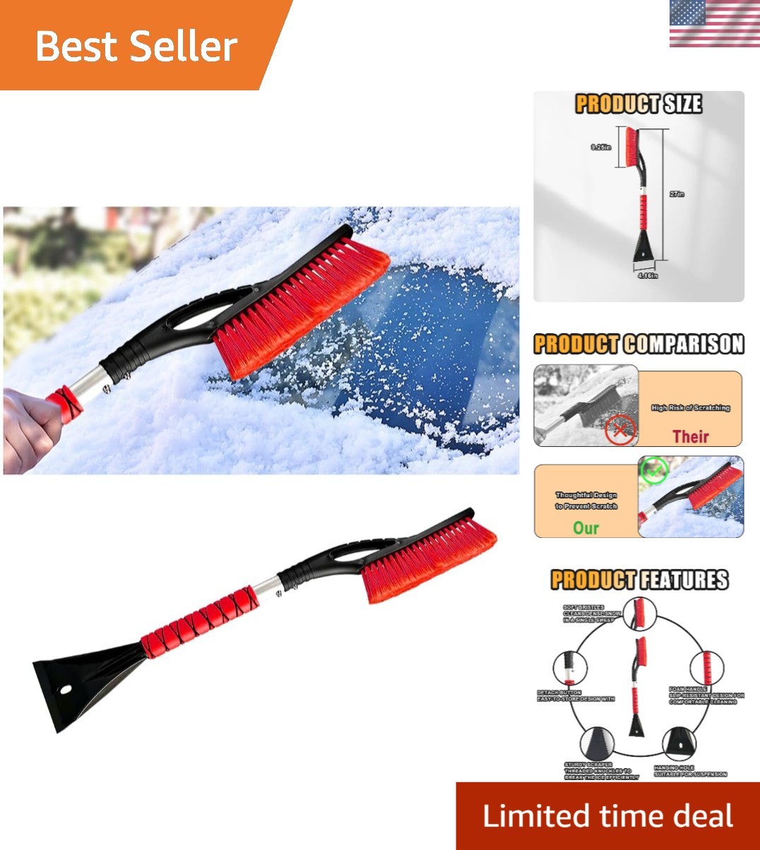 27" Snow Brush & Ice Scraper - Lightweight Red Car Accessory for Winter
