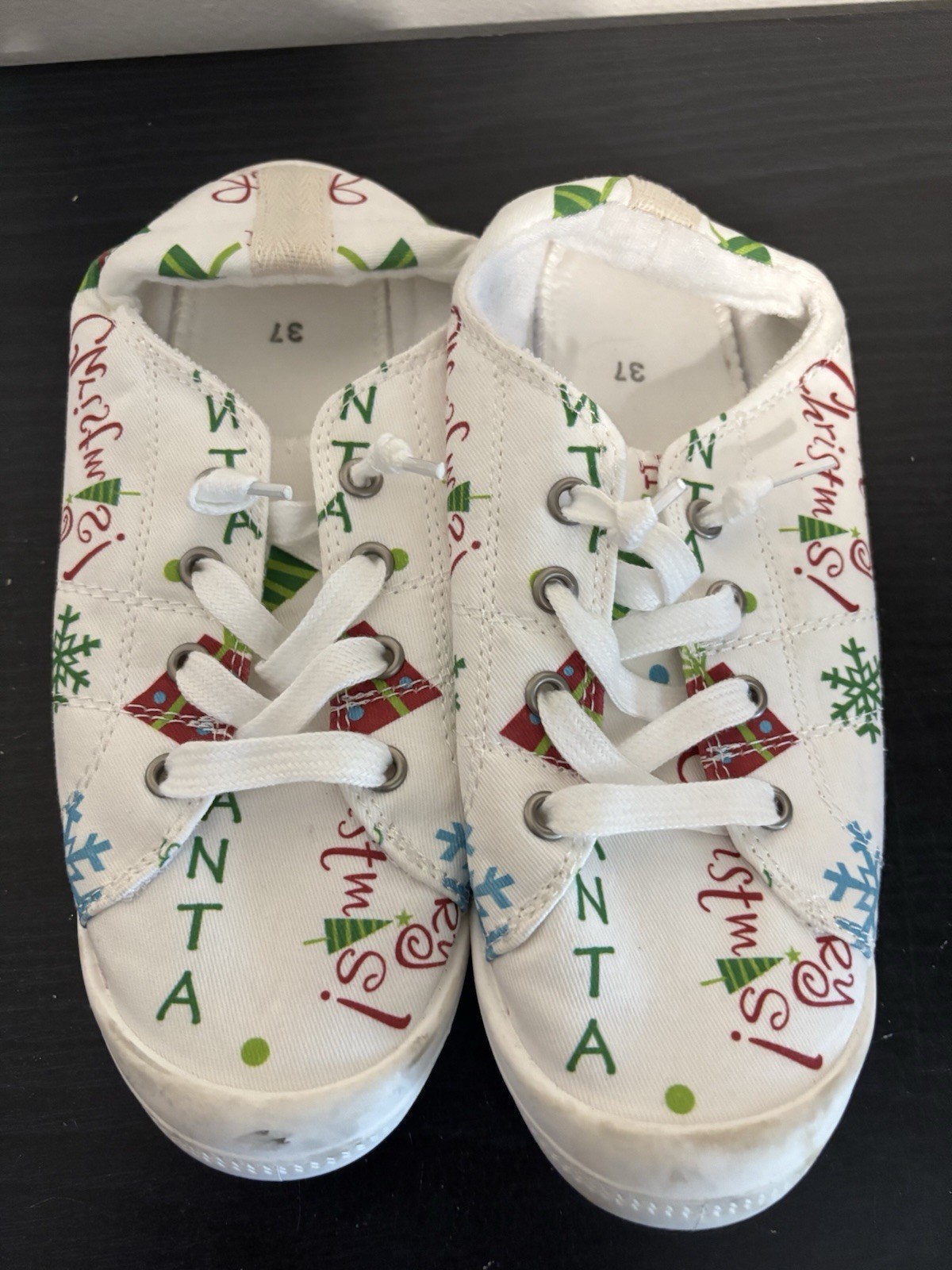 Merry Christmas Shoes White with Christmas All Over Print Lace Up Shoes 6.5-7