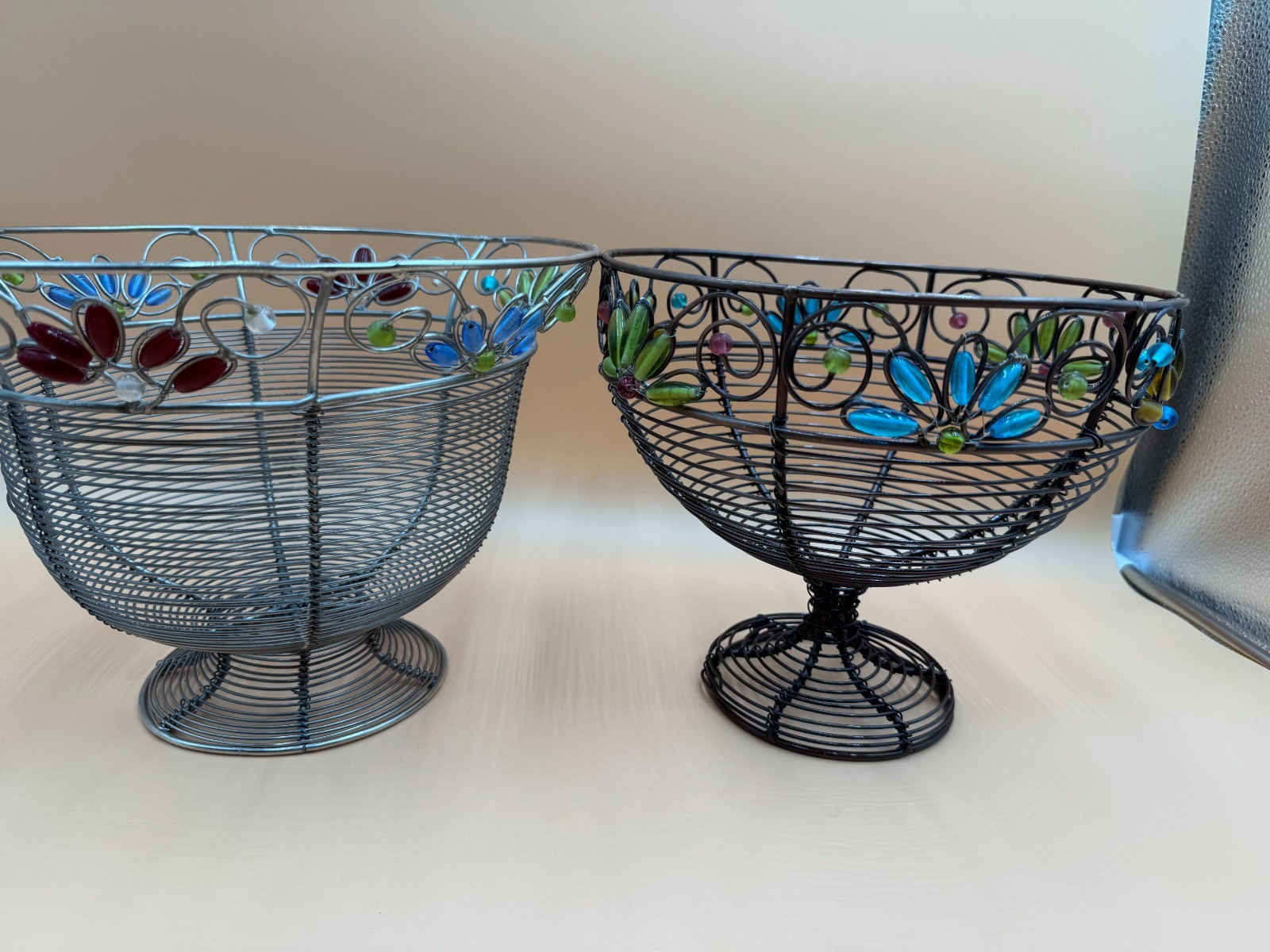 Decorative metal wire bejeweled baskets, x2 baskets
