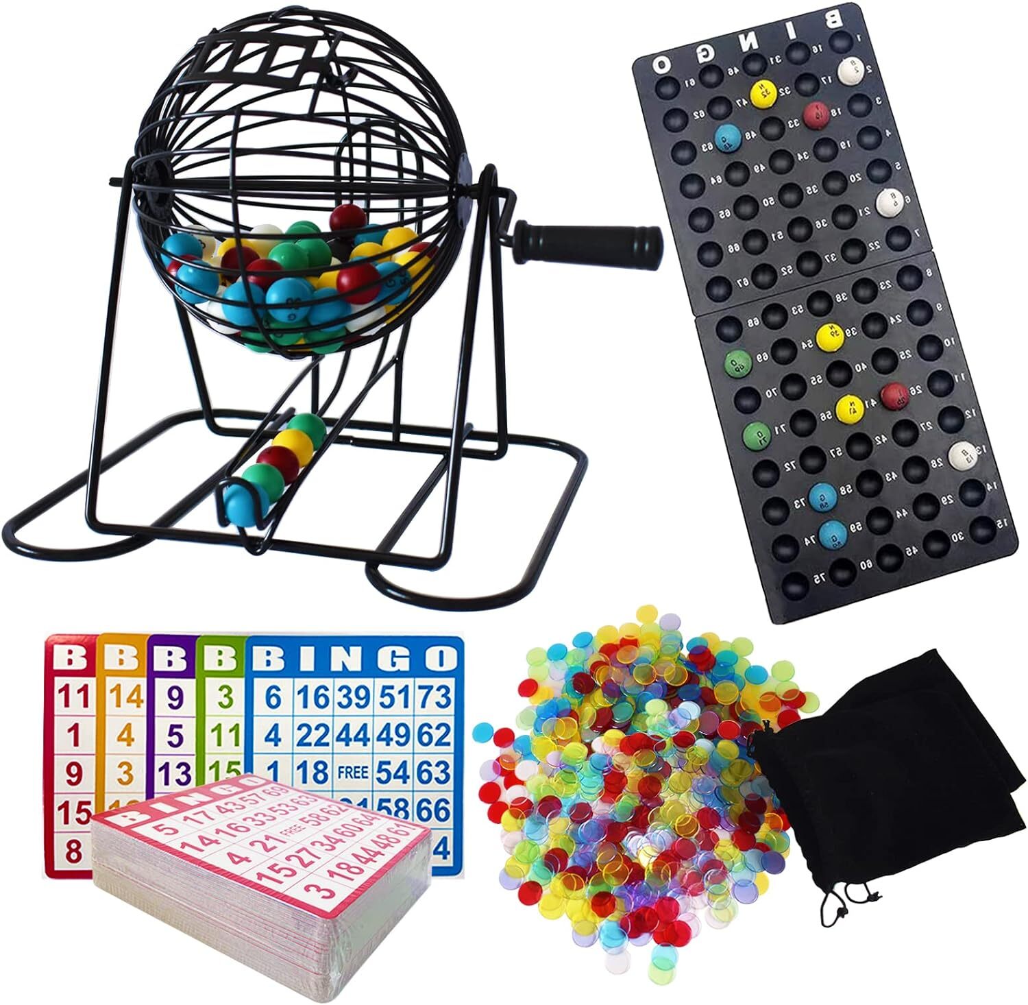 Yuanhe Deluxe Bingo Game Set - Metal Round Cage, 75 Colored Bingo Balls, 100 500
