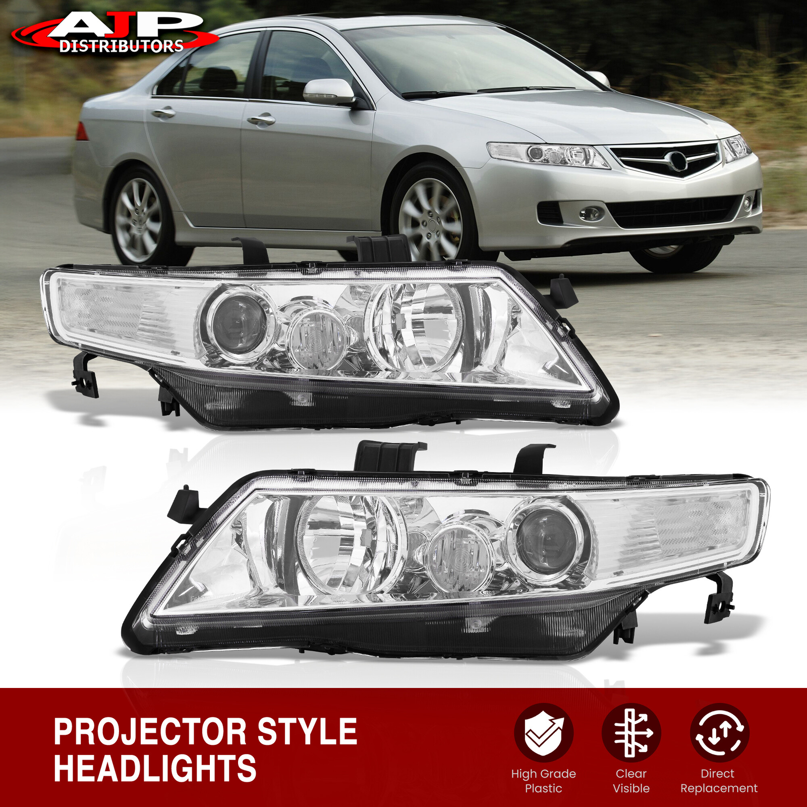 Chrome Clear OE Style Replacement Head Lights Lamps Pair For 2004-2008 Acura TSX