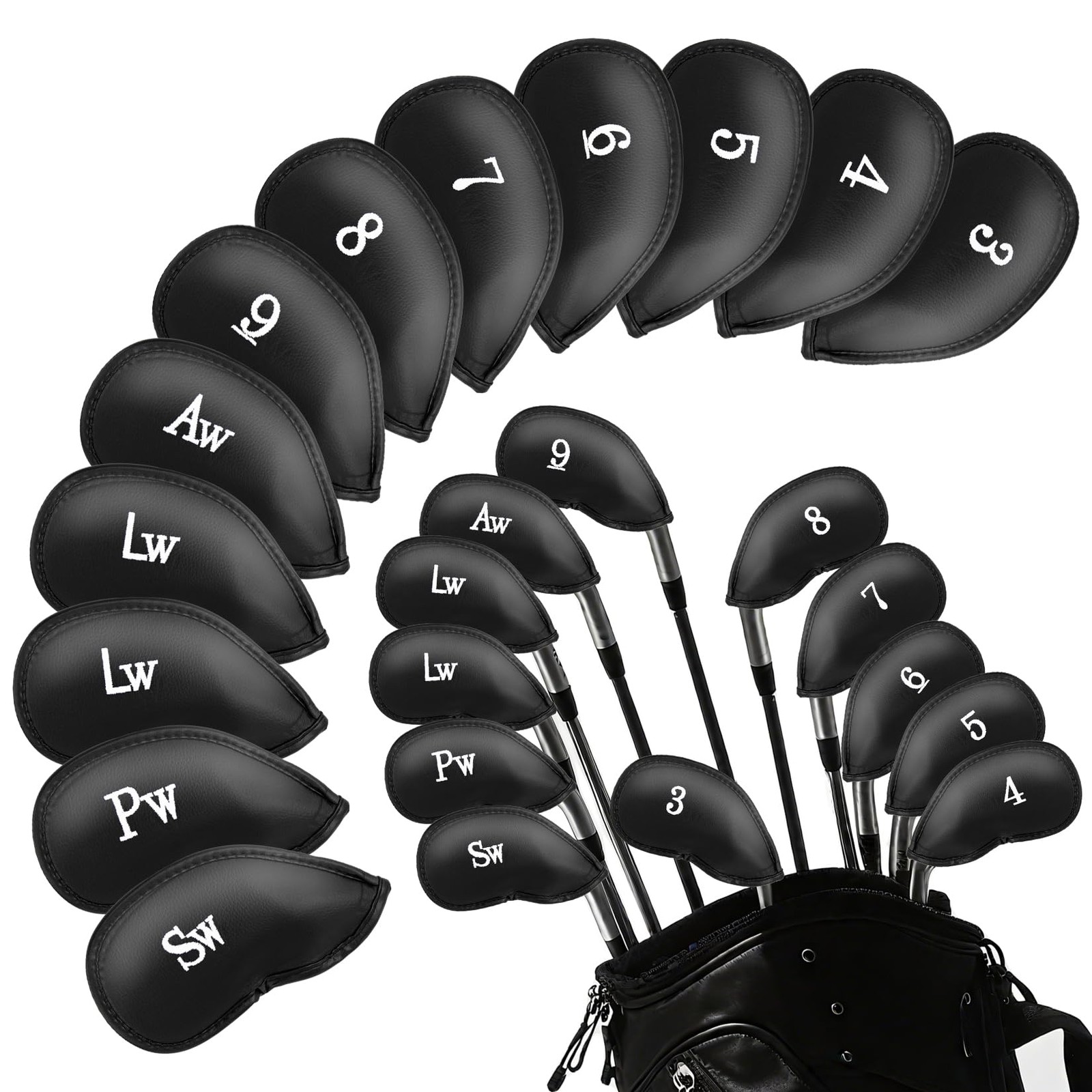 RAINFLOW 12 Pcs Golf Iron Covers Set - Synthetic Leather Head black