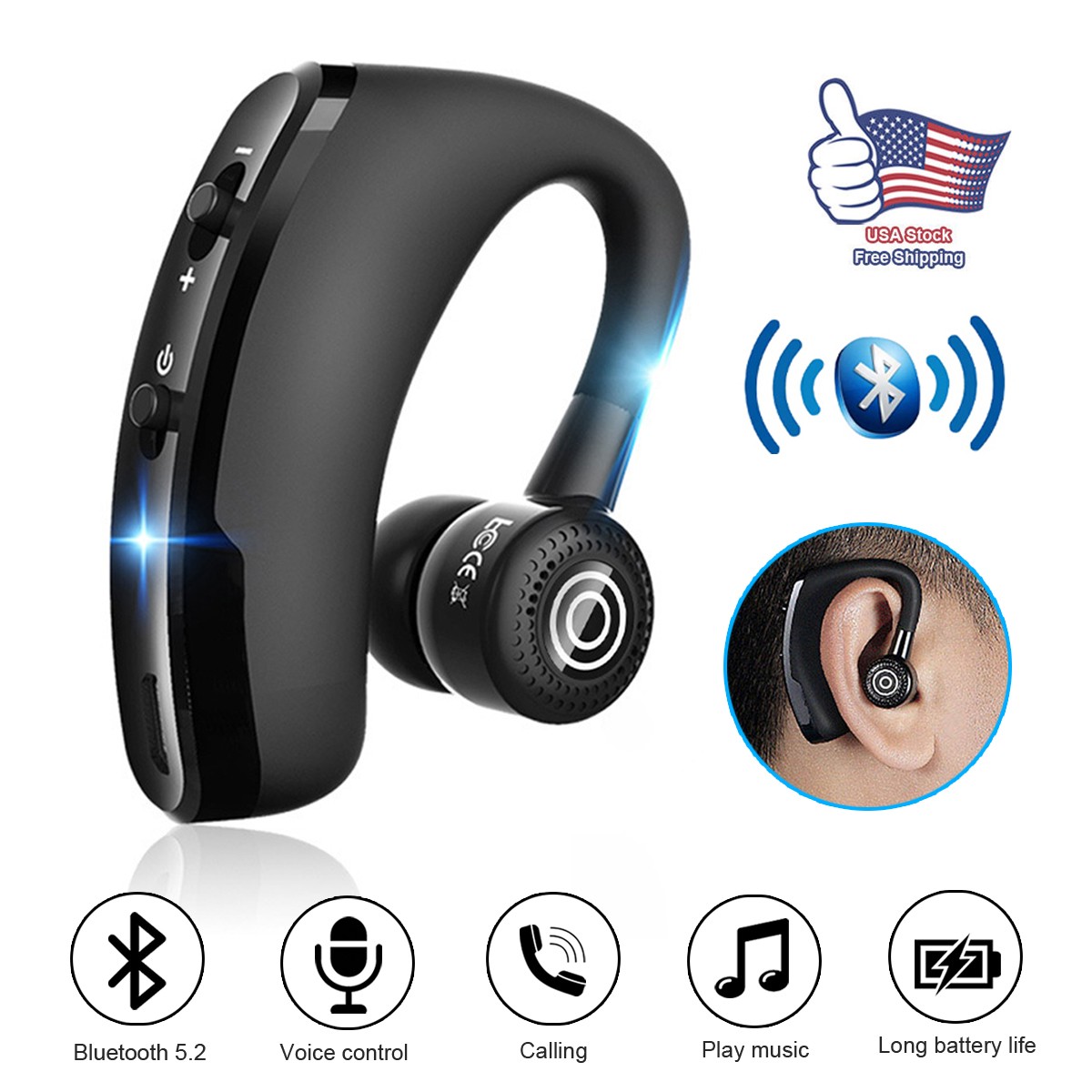 Bluetooth5.2 Earpiece Wireless Headset Driving Trucker Earbuds Noise Cancelling-