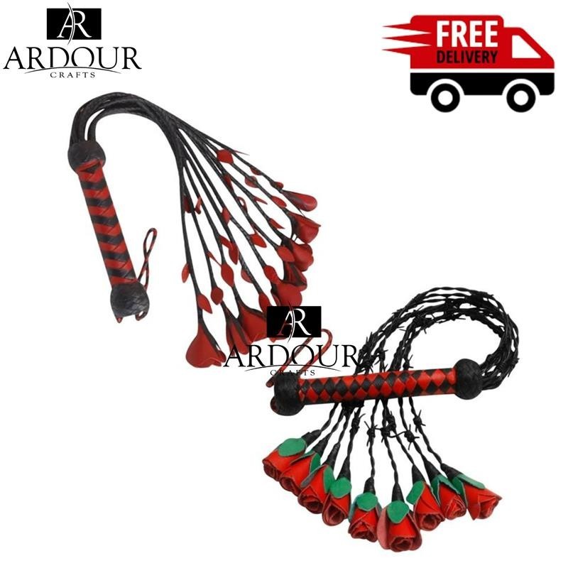 Pair of Red Rose Cat-o-Nine Tails Floggers – Spanking Flogger Bundle (Set of 2)