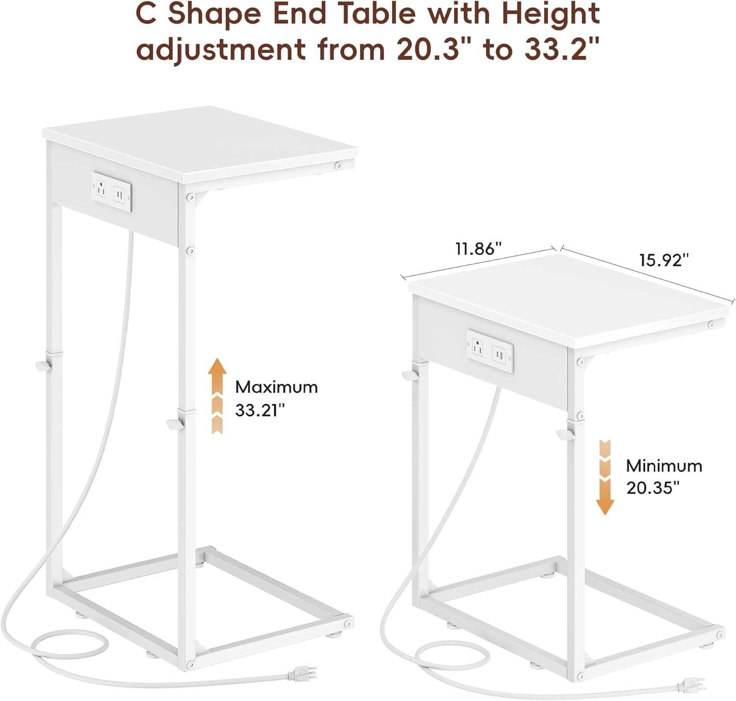 C Shaped End Table W/ Charging Station Adjustable Height Side Table Couch,Small