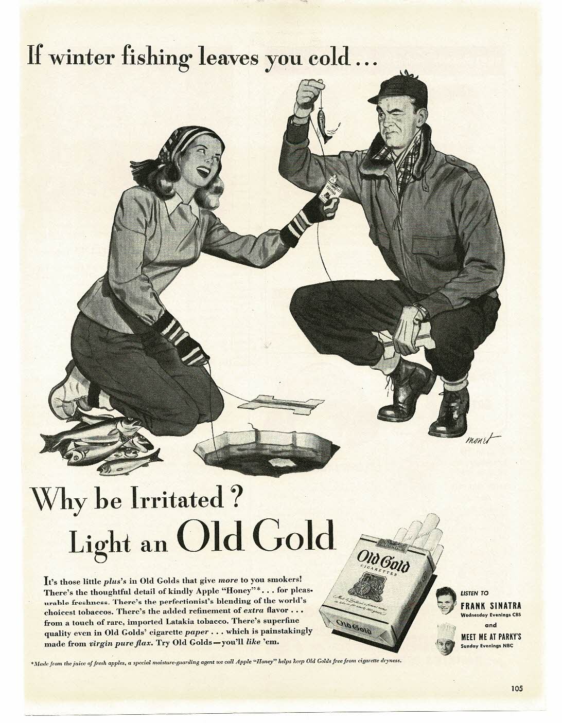 1946 Old Gold Cigarettes Ice Fishing caught tiny fish Dorothy Monet art Print Ad