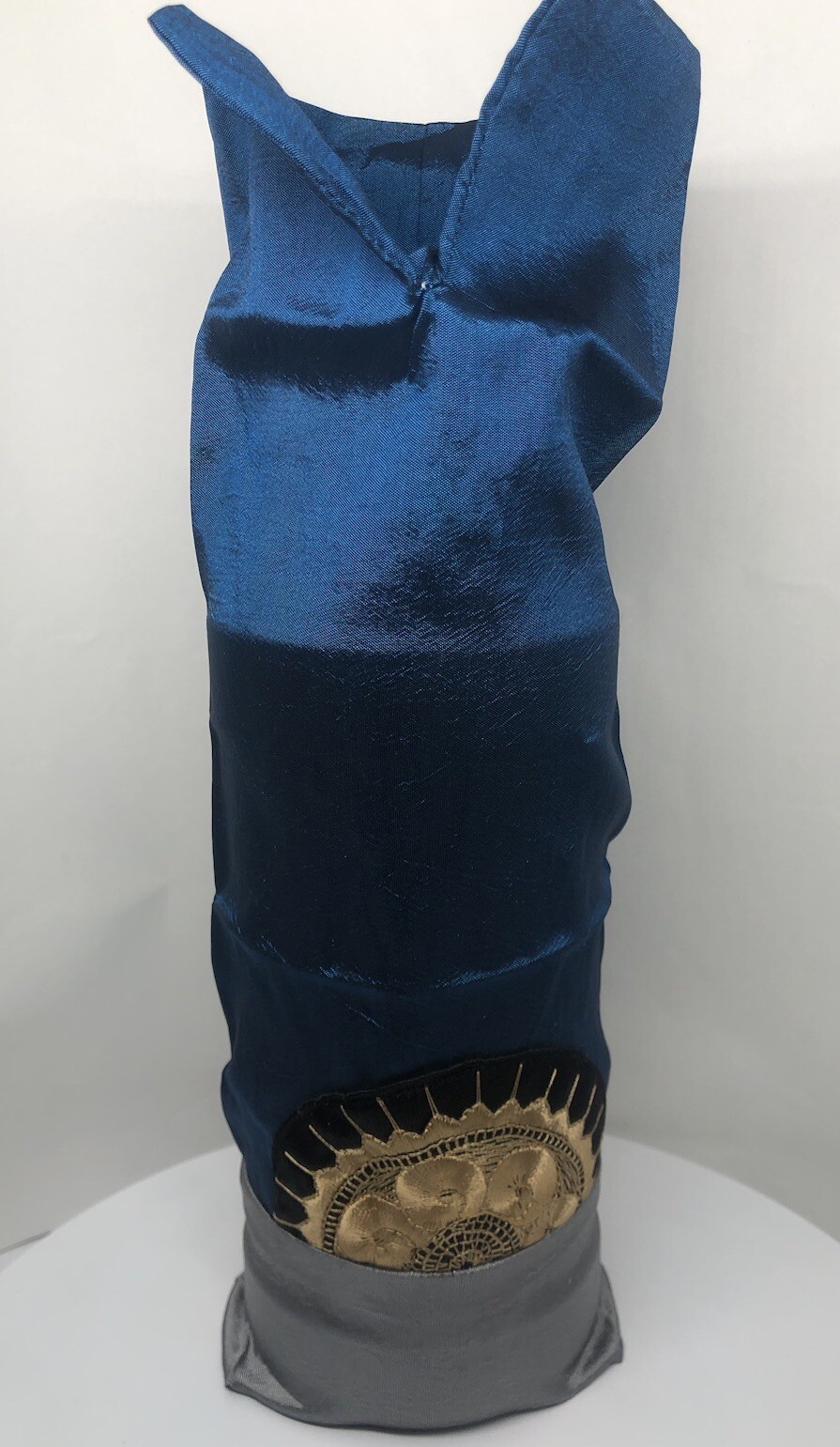 Festive Host Gift Wine Bottle Cover Blue Silky Material Gold Embroidered Pattern