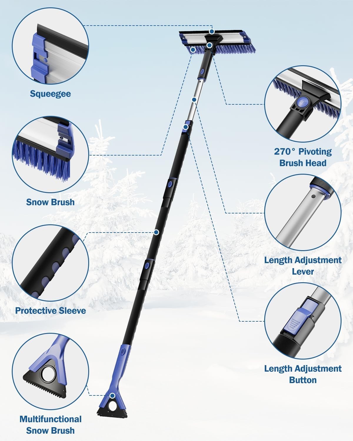 47.7” Extendable Snow Brush & Ice Scraper for Car Windshield, Blue
