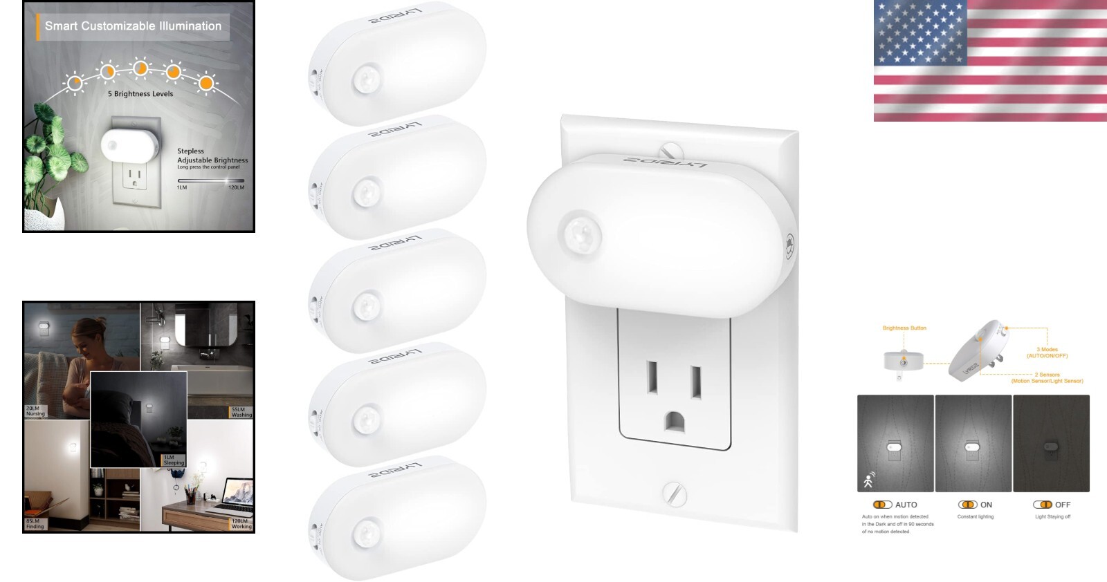 Versatile LED Nightlight with Motion Detection - 6 Pack for Home Safety