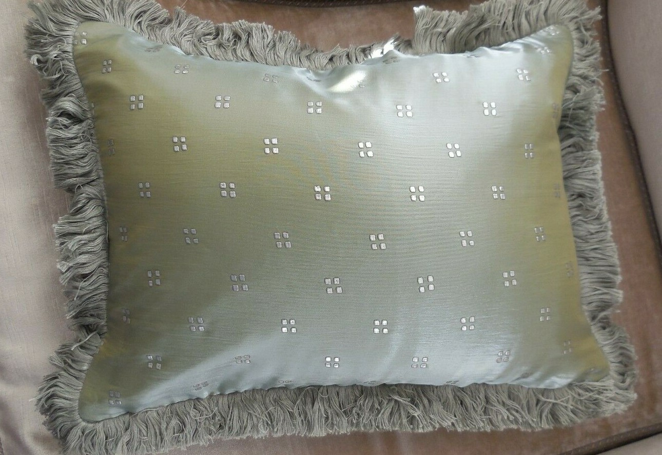 ❇️ NEW Stunning FRINGED Silvery Green & Beige SILK Cushion covers Oblong 30 x 40
