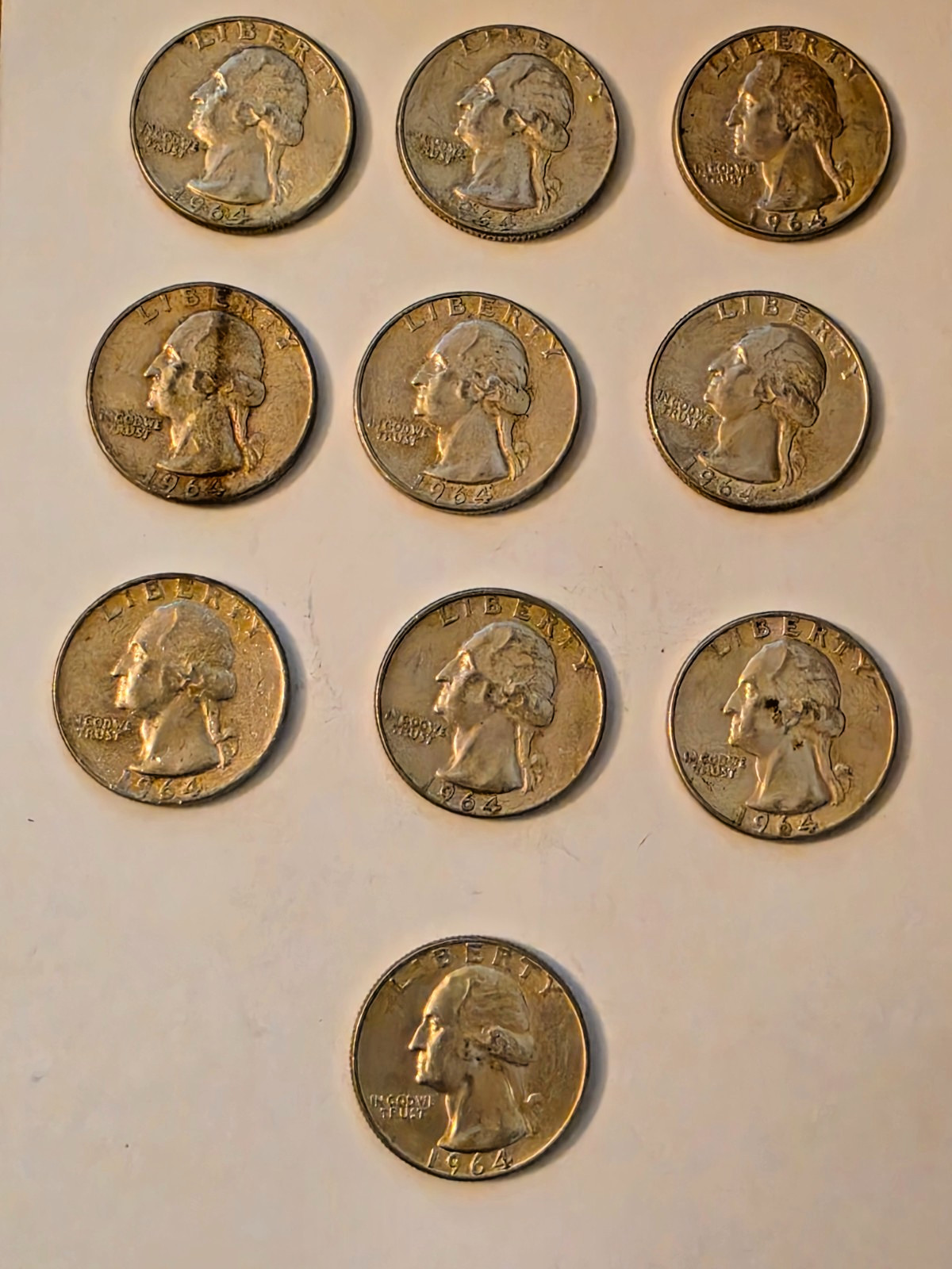 1964-P Washington Quarter 25c circulated 90% Silver Coin - Lot of 10