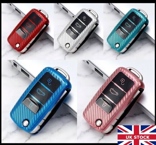 Carbon Fibre Key Cover for VW Seat Skoda Case Remote Fob 3 Button Flip t57cf*