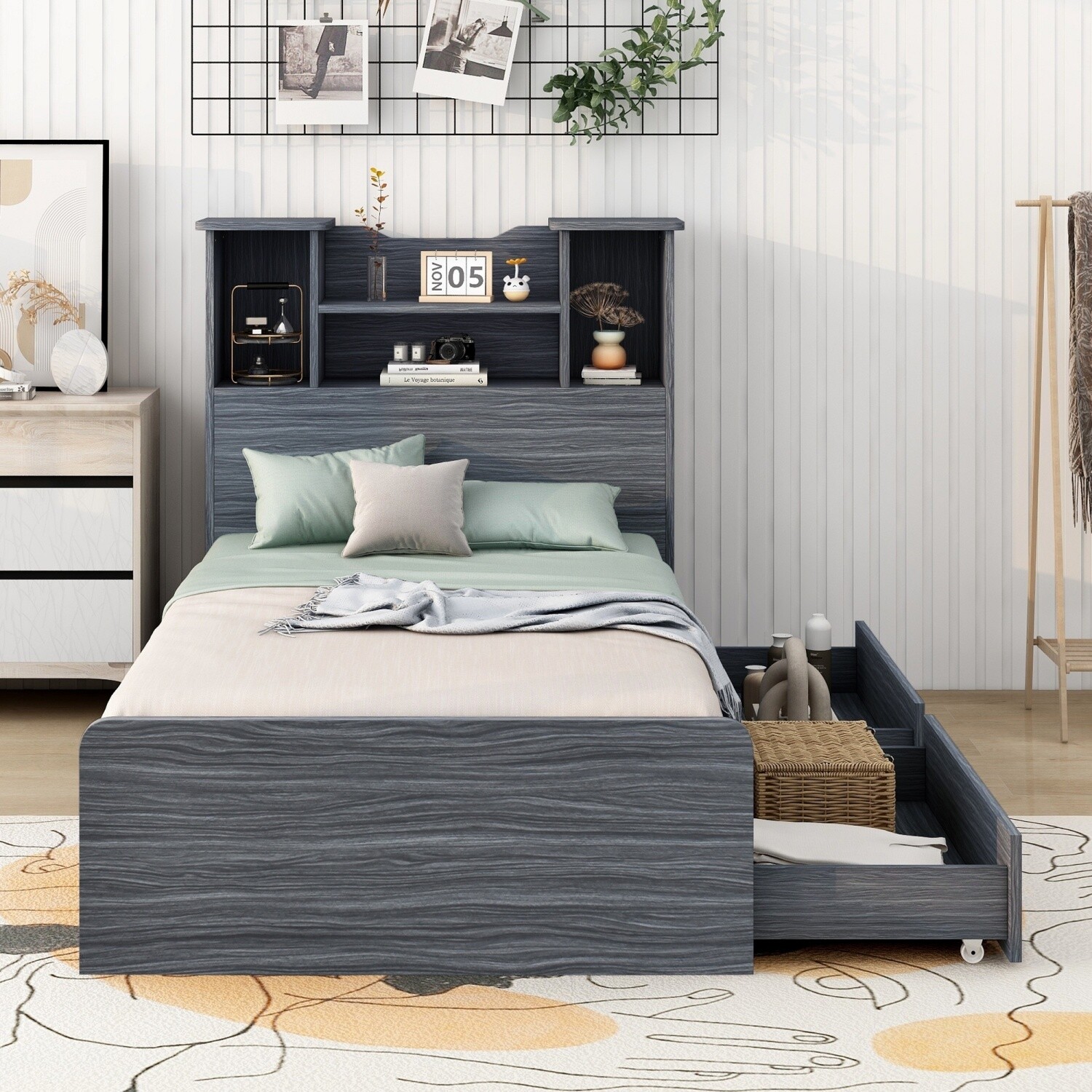 Twin Size Bed Frame Wood Platform Bed with Storage Shelves & Drawer & LED Light