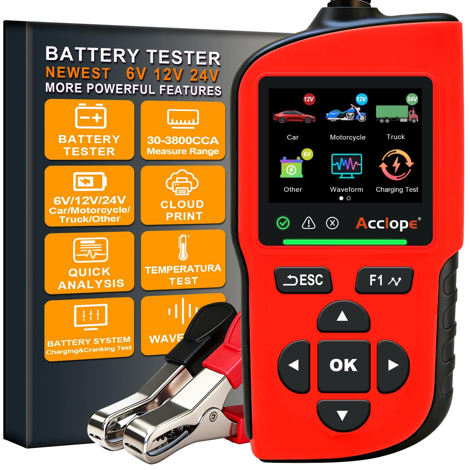 Battery Tester 2-360Ah 30-3800 CCA 6V/12V/24V SOH SOC AGM EFB Gel Li Compatible