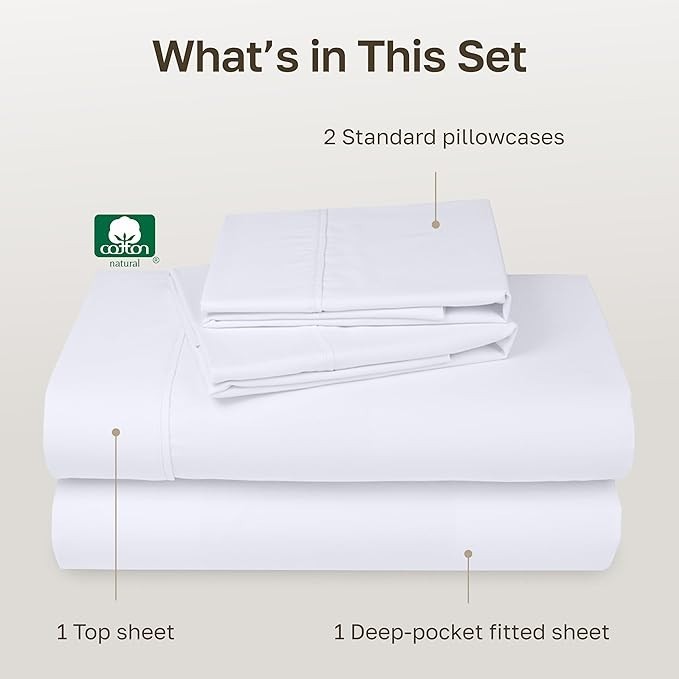 California Design Den Full Sheet Set Soft 400 Thread Count Sateen Bright White