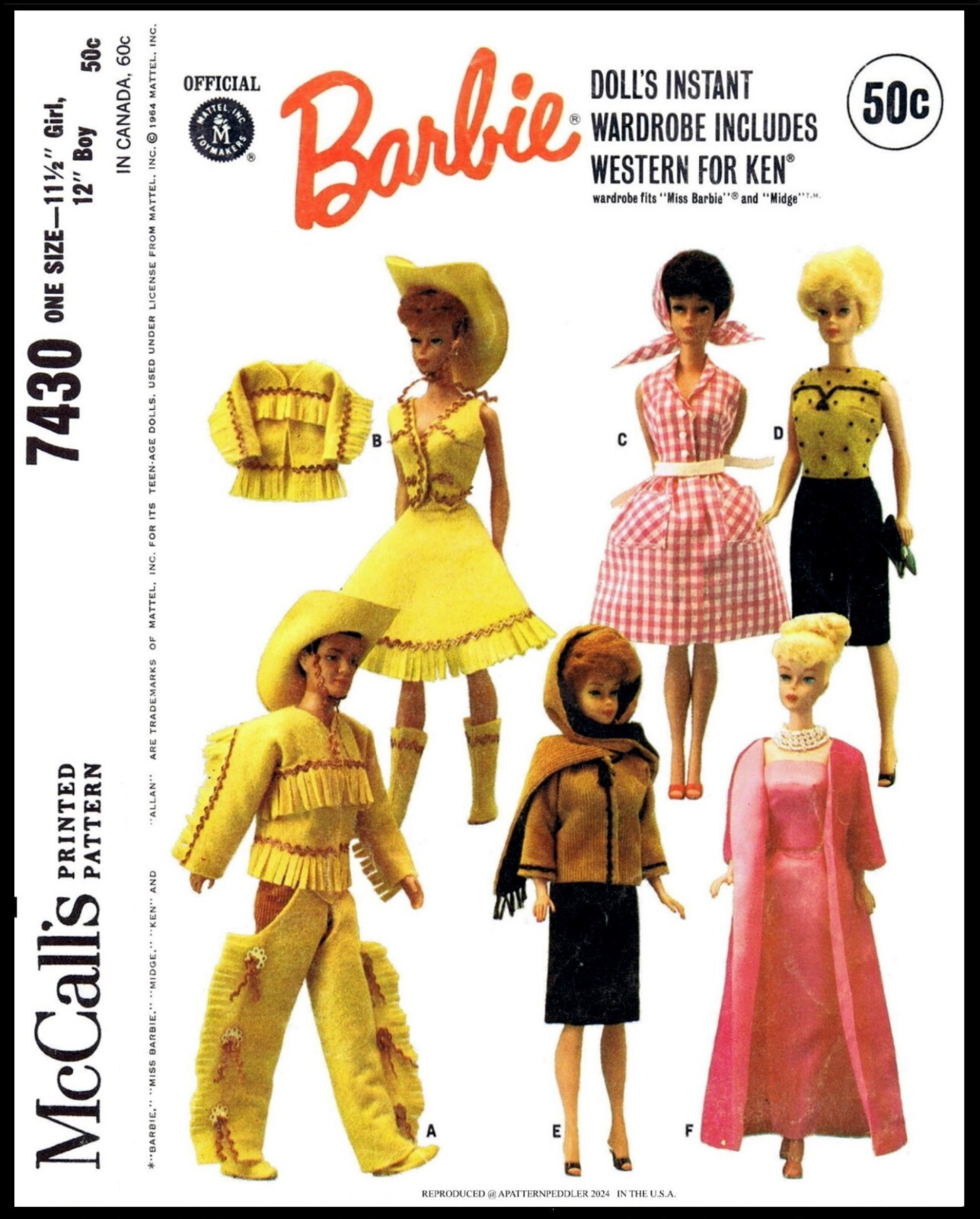 McCall's 7430 Doll Pattern BARBIE KEN Midge Miss Barbie WESTERN