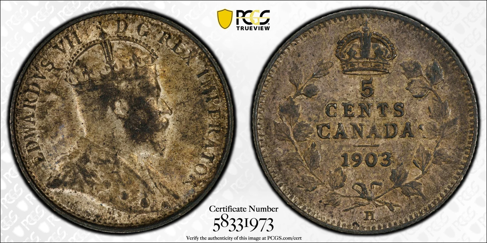 1903-H Large H CANADA Silver 5 CENTS PCGS AU-55 - KM-13
