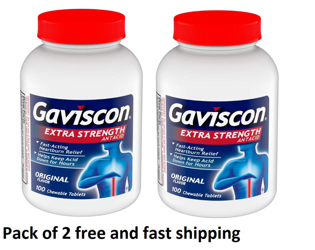 Gaviscon Extra Strength Chewable Antacid Tablets, Original 100 ea( 2 pack)