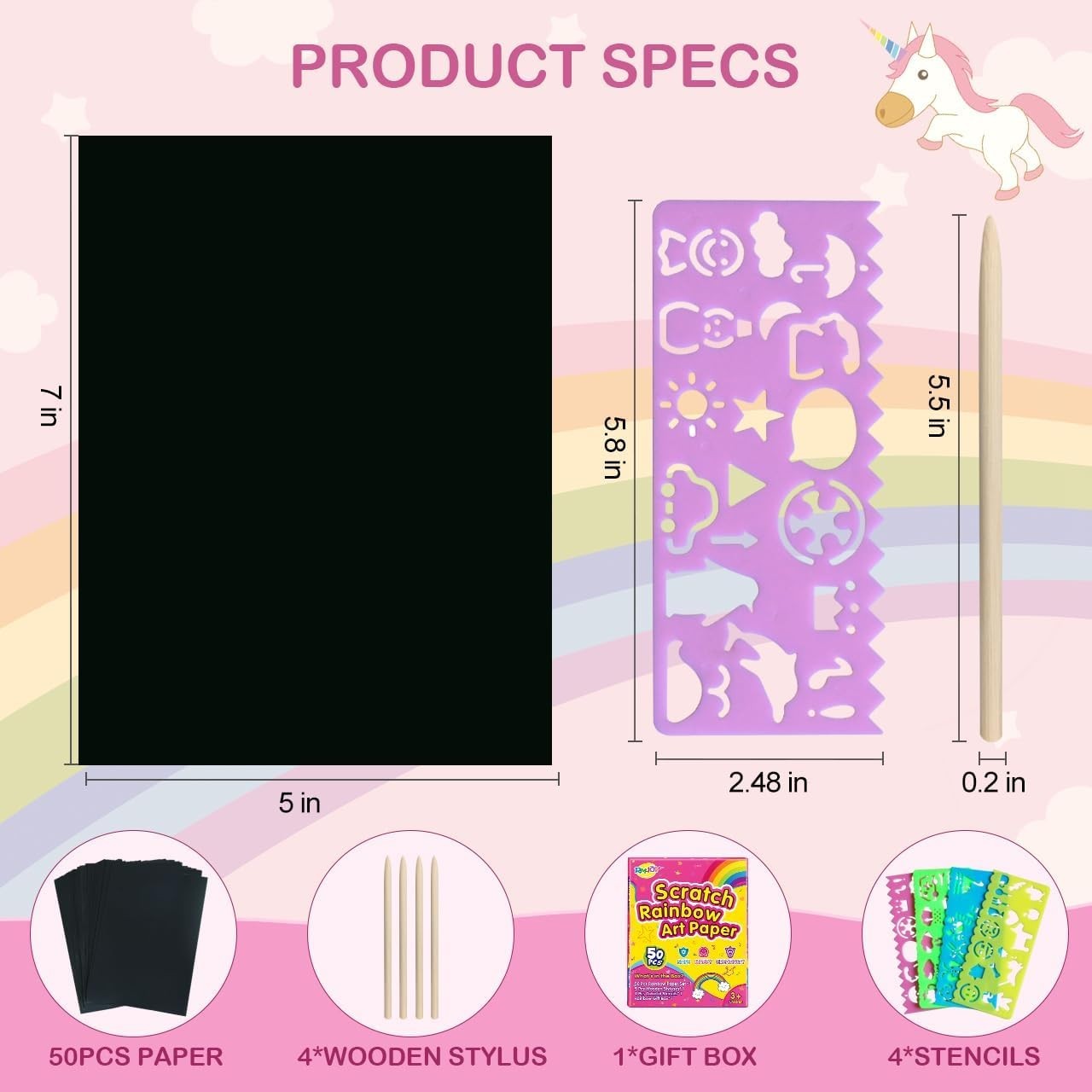 Creative Rainbow Scratch Art Set - 50 Scratch Papers with Stencils for Ages 3-12
