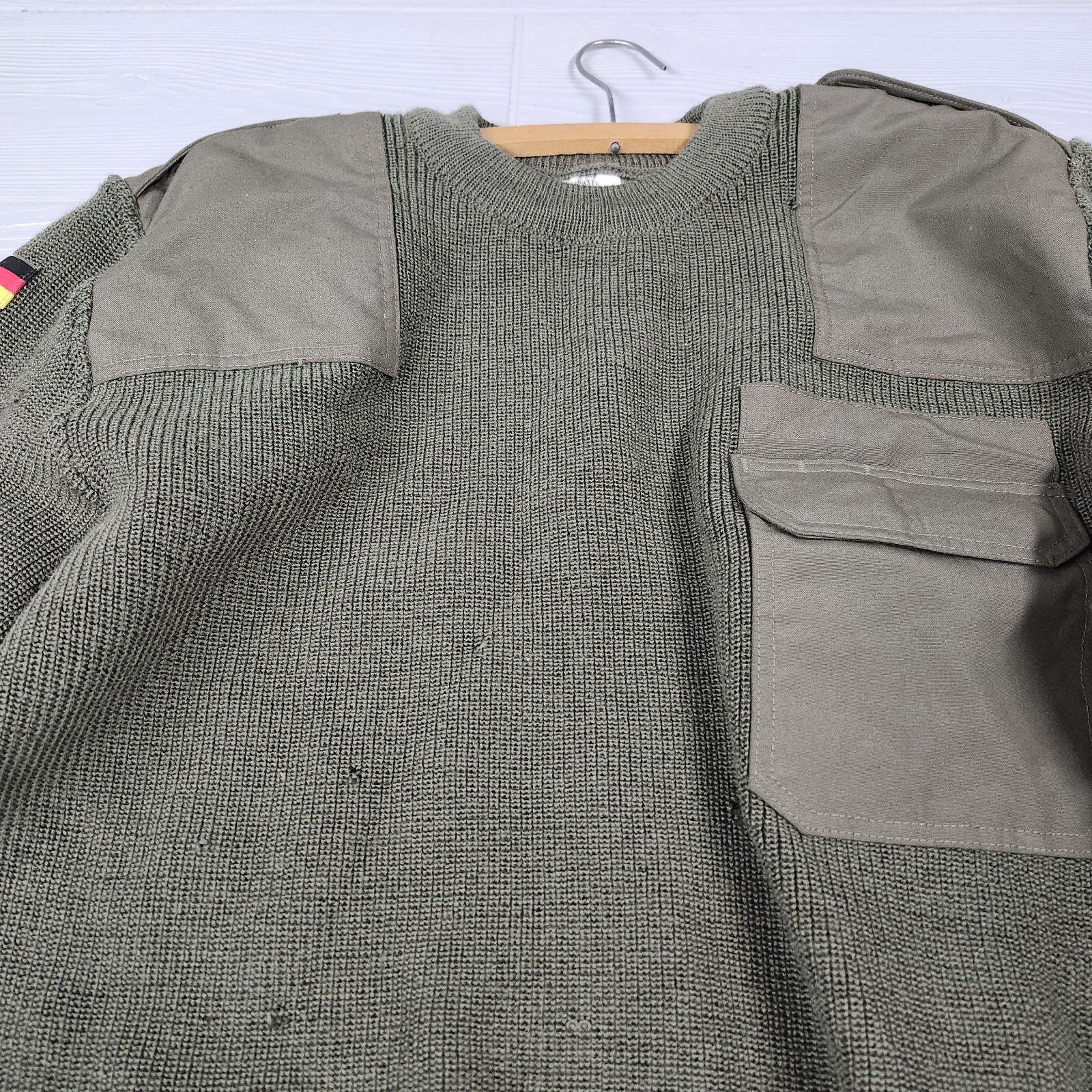 German Military Commando Sweater Pullover Flags Wool Blend H50 Size L Distressed